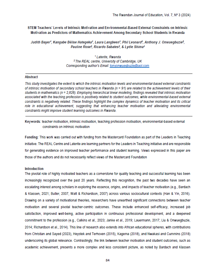 STEM teachers’ levels of intrinsic motivation and environmental-based external constraints on intrinsic motivation as predictors of mathematics achievement among secondary school students in Rwanda