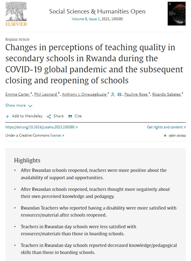 Changes in perceptions of teaching quality in secondary schools in Rwanda during the COVID-19 global pandemic and the subsequent closing and reopening of schools