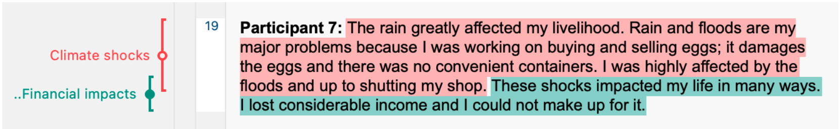 Text from an interview transcript, coded with two themes in MAXQDA