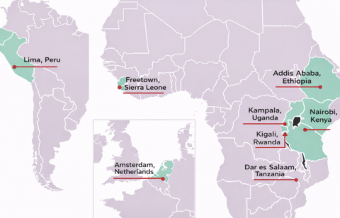 The eight Laterite offices: Addis Ababa, Amsterdam, Dar es Salaam, Freetown, Kampala, Kigali, Nairobi and Lima